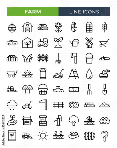 Farm and agriculture icons set. Vector line icons.