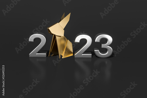 Origami luxury gold bunny rabbit with 2023 number Isolated on black background 3d rendering. 3d illustration Chinese happy new year 2023. Year of the Rabbit.