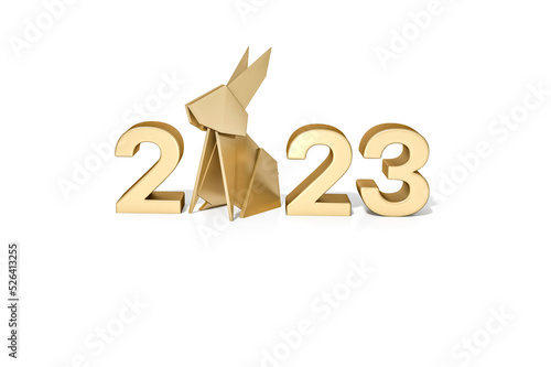 Origami gold bunny rabbit with 2023 number Isolated on white background 3d rendering. 3d illustration Chinese happy new year 2023. Year of the Rabbit.