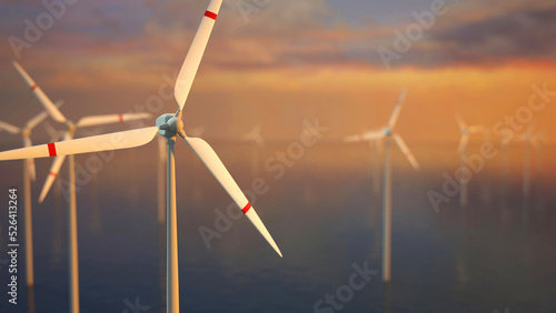 Large wind turbines with blades in field aerial view bright orange sunset blue sky wind park slow motion drone turn. Silhouettes windmills, large orange sun disc summer lens flare. Alternative energy