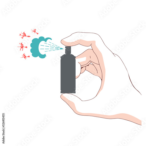 Illustration of anti witches spray. Hand holding can spraying. Witches flying away