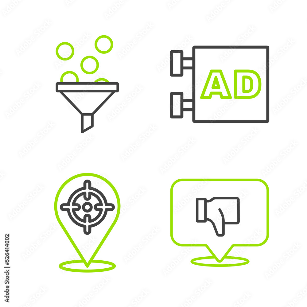Set line Dislike in speech bubble, Target, Advertising and Lead management icon. Vector Set line Dislike in speech bubble, Target, Advertising and Lead management icon. Vector