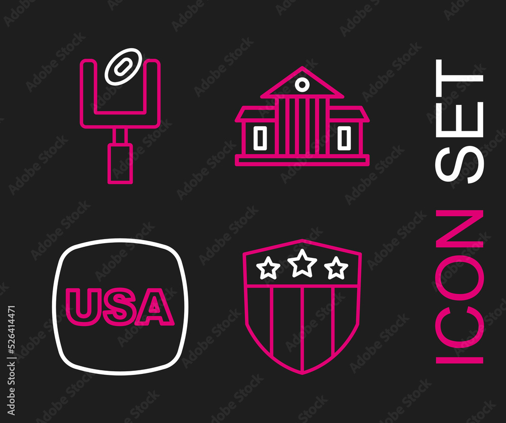 Set line Shield with stars, USA Independence day, White House and American football goal post icon. Vector