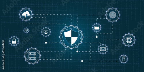 Concept of cybersecurity, internet and network. privacy. Encryption and password. Security systems for businesses and organizations. Illustration with icons.