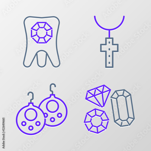 Set line Gem stone, Earrings, Christian cross chain and Tooth with diamond icon. Vector