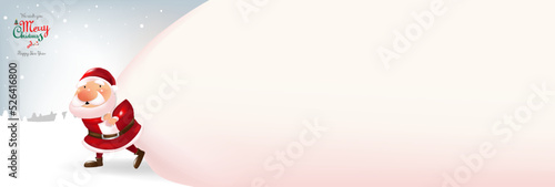 Santa Claus pulls a heavy white bag full of gifts on winter background Merry Christmas message