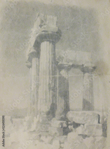 The Temple of Apollo in Corinth. Ruins of an ancient Greek temple. Vector drawing, freehand vintage illustration