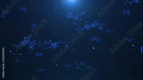 Abstract blue chemical futuristic structural health care formulas. Science geometric network cyberspace 4K motion background.