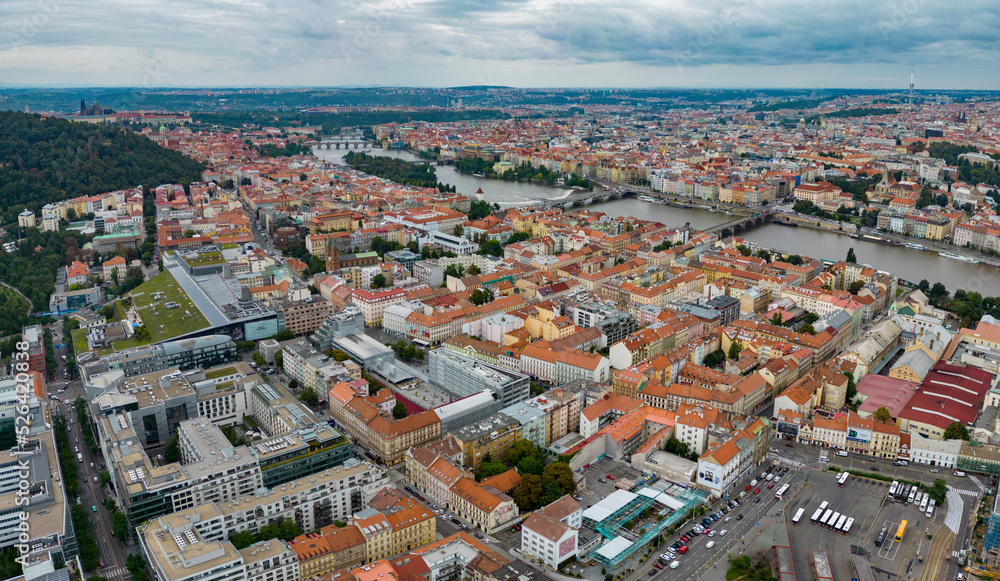 Aerial panorama of the city capitol Prague in the Czech Republic on a cloudy day in summer.
