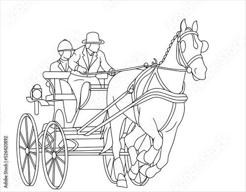 Equestrian sport, Combined driving, Beautiful horse galloping with carriage. Old transportation, harness horse. Isolated white background. Line design