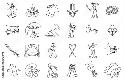 Set of 24 belly dance icons. Bellydance symbol collection. arab culture icons. Egyptian line logos. Isolated on white background. Dance icon set.