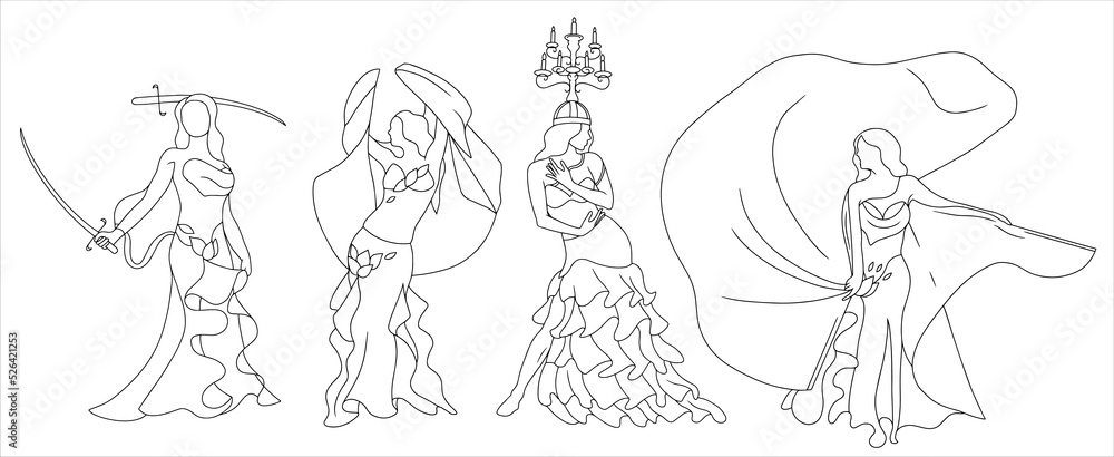 Set of 4 beautiful bellydancers. Dancing with Veil, shamadan, isis wings, swords. Mystical woman dancing oriental dance, raqs shargi, arabic dance. Traditional egypt culture. Isolated on white. Set of 4 beautiful bellydancers. Dancing with Veil, shamadan, isis wings, swords. Mystical woman dancing oriental dance, raqs shargi, arabic dance. Traditional egypt culture. Isolated on white.