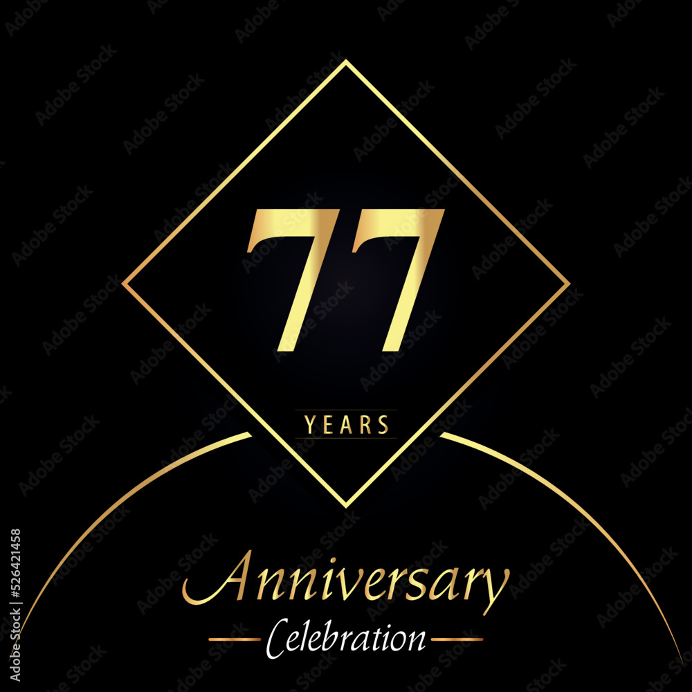 77 years anniversary celebration with gold square frames and circle shapes on black background. Premium design for birthday party, poster, banner, graduation, weddings, jubilee, greetings card.