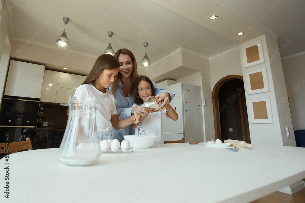 Happy family preparing food together in the kitchen. Mom teaches her daughters how to cook and knead the dough. Mother's Day concept. family dinner Happy family preparing food together in the kitchen. Mom teaches her daughters how to cook and knead the dough. Mother's Day concept. family dinner
