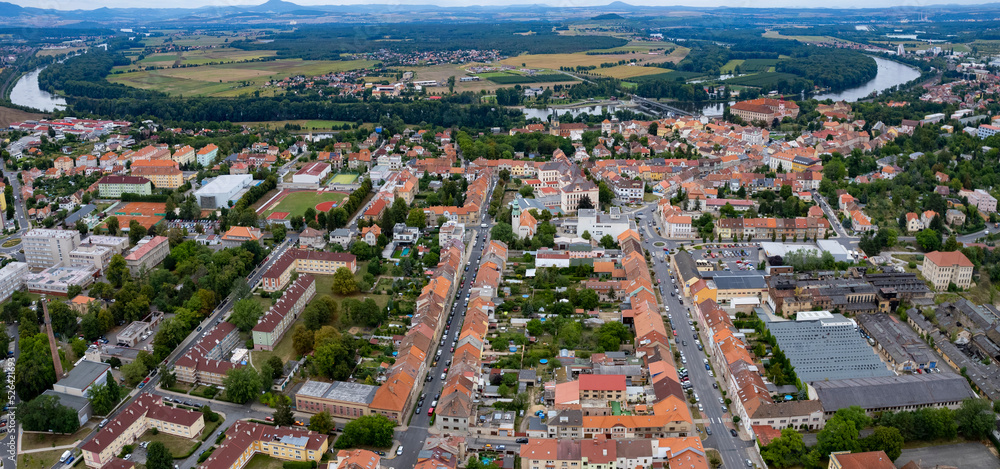 Aerial view around the old town of the city Roudnice nad Labem in the czech Republic on a cloudy summer day.