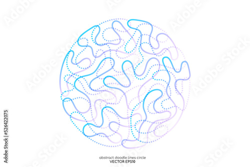 Abstract doodle line in circle shape by colorful blue purple line isolated on white like brain. Vector illustration in concept of creative, brain, A.I. technology.