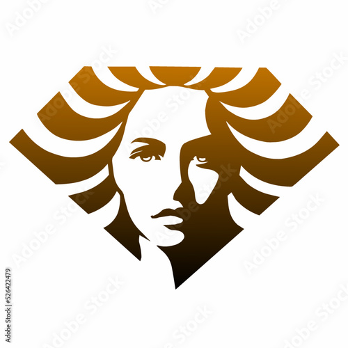 Logo design of a women face  with hair on diamond shape