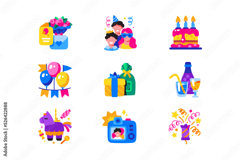 Fototapeta premium Birthday party attributes icons set