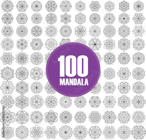 100 Big vector set geometrical mandalas ornament. Mandala collections