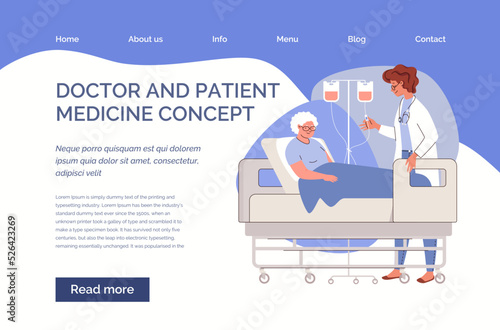 Doctor visits elderly patient in intensive care unit of hospital. Sad old woman lies on bed with intravenous drip. Website, template, landing page. Vector characters flat cartoon illustration.
