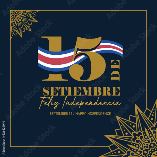 VECTORS. Banner for Costa Rica Independence Day, September 15, civic holiday, patriotic, flag, elegant, golden, ox cart ornaments, frame