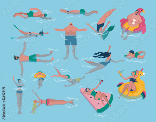 People in swimming pool. Swimmers diving or lying on inflatable mattresses. Women in water. Kid persons fun. Active man floating in aqua. Summer vacation. Vector cartoon illustration