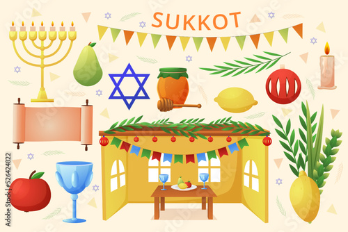 Sukkot religious holiday. Israel Jewish celebration. Traditional sukkah and candlestick. Four happy species. Sukot feast card. Citron or Etrog. Festive attributes. illustration set