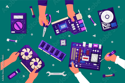 Computer parts. Hands repair PC. Electronic hardware. Motherboard with microchips. PCB store. Chip board. Device recovery. Workshop service. Arms on table top view. Vector illustration