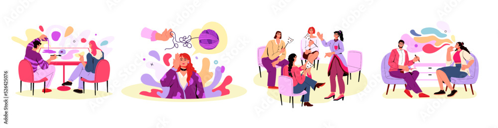 Obraz premium Psychologist therapy groups. Therapist counseling patient with mental problems. Psychology treatment. Psychotherapy consultation. Psychoanalyst consulting people. Vector illustration