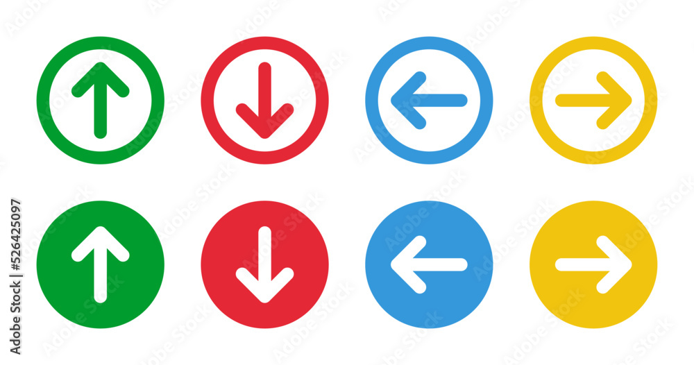 green up red down blue left yellow right arrows, round vector icons set green up red down blue left yellow right arrows, round vector icons set