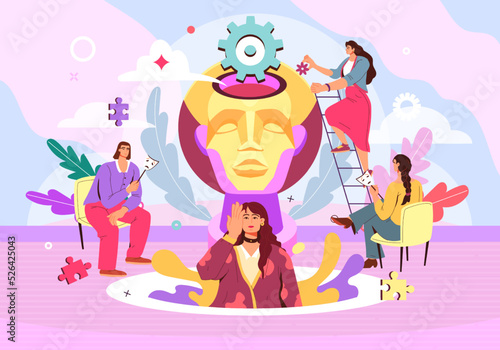 Psychology education. Learning psychological knowledge. Process of idea development. Big human brain. Curious behavior. Psychotherapy concept. People communication. Vector illustration