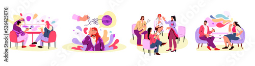 Psychologist therapy groups. Therapist counseling patient with mental problems. Psychology treatment. Psychotherapy consultation. Psychoanalyst consulting people. Vector illustration