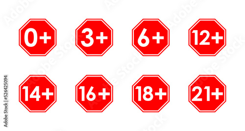 age limit warning sins, vector red octagonal icons set