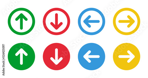 green up red down blue left yellow right arrows, round vector icons set