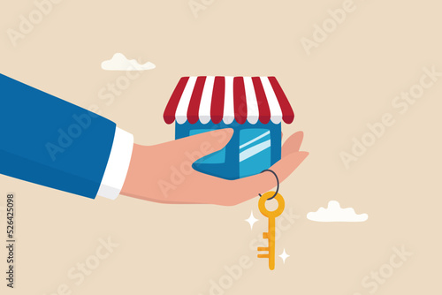 Small business key to success, open new shop, start new business or company, entrepreneur or SME, growing or increase product sale concept, businessman hand hold small business shop with golden key.
