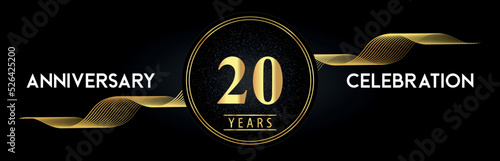 20 Years Anniversary Celebration with Golden Waves and Circle Frames on Luxury Background. Premium Design for banner, poster, graduation, weddings, happy birthday, greetings card and, jubilee.