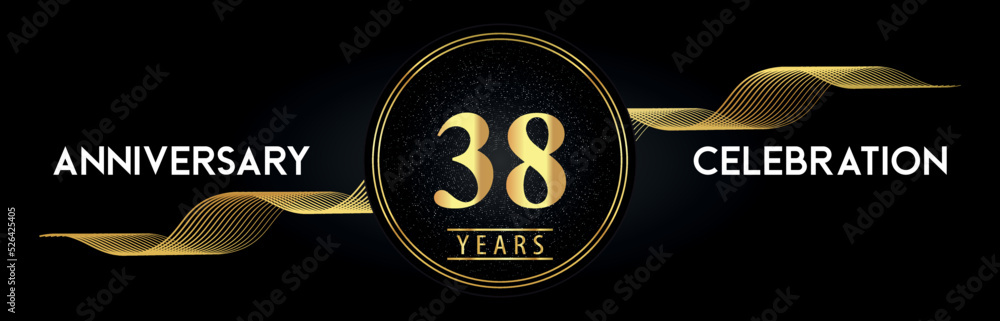 38 Years Anniversary Celebration with Golden Waves and Circle Frames on Luxury Background. Premium Design for banner, poster, graduation, weddings, happy birthday, greetings card and, jubilee.