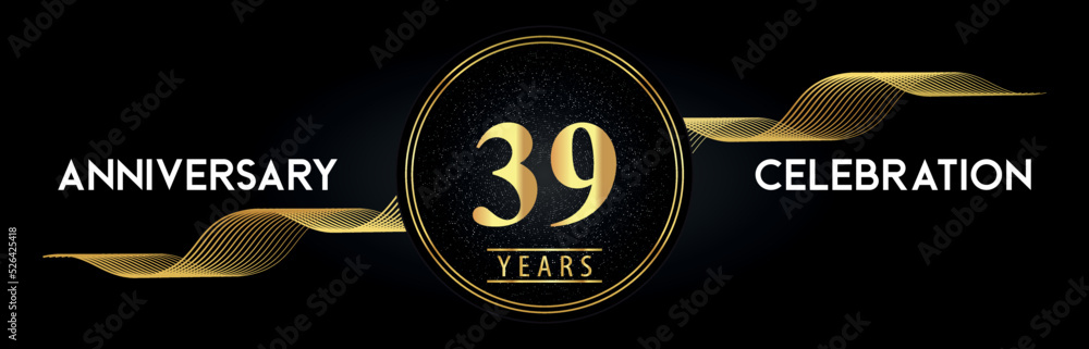 39 Years Anniversary Celebration with Golden Waves and Circle Frames on Luxury Background. Premium Design for banner, poster, graduation, weddings, happy birthday, greetings card and, jubilee.