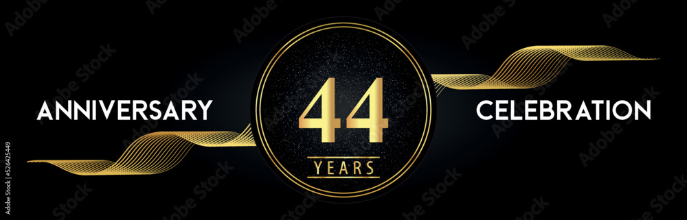 44 Years Anniversary Celebration with Golden Waves and Circle Frames on Luxury Background. Premium Design for banner, poster, graduation, weddings, happy birthday, greetings card and, jubilee. 44 Years Anniversary Celebration with Golden Waves and Circle Frames on Luxury Background. Premium Design for banner, poster, graduation, weddings, happy birthday, greetings card and, jubilee.