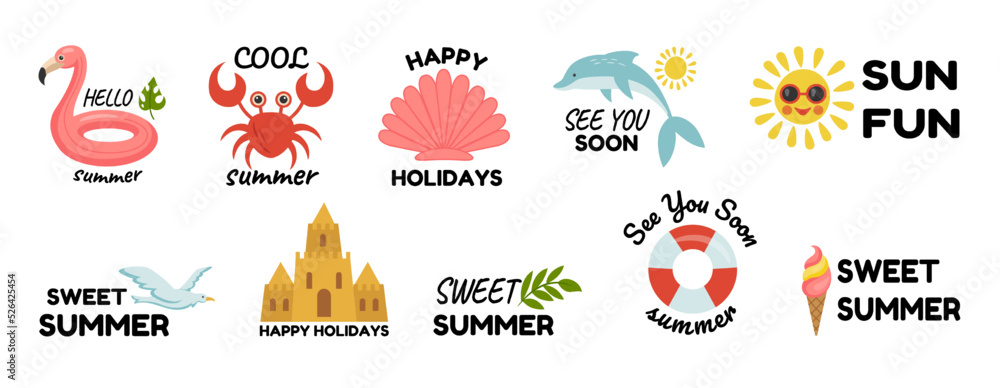 Summer fun logo stickers. Cartoon icons with vacation objects and lettering phrases. Enjoy sun or beach. Sea party label. Summertime holiday. Fruit juice. Sea animal. Vector badges set