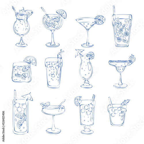 Hand draw alcoholic cocktails Pina colada, aperol shpritz, margarita, mojito, blue lagoon, long island, bloody mary, cosmopolitan, daiquiri, tequila sunrise, gin tonic