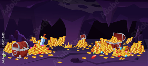 Cave with gold treasure, mine chest with golden coins. Fantasy gemstones, medieval money, jewelry container, mountain pile of stone. Vector cartoon illustration on isolated background
