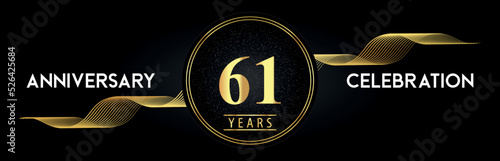 61 Years Anniversary Celebration with Golden Waves and Circle Frames on Luxury Background. Premium Design for banner, poster, graduation, weddings, happy birthday, greetings card and, jubilee.