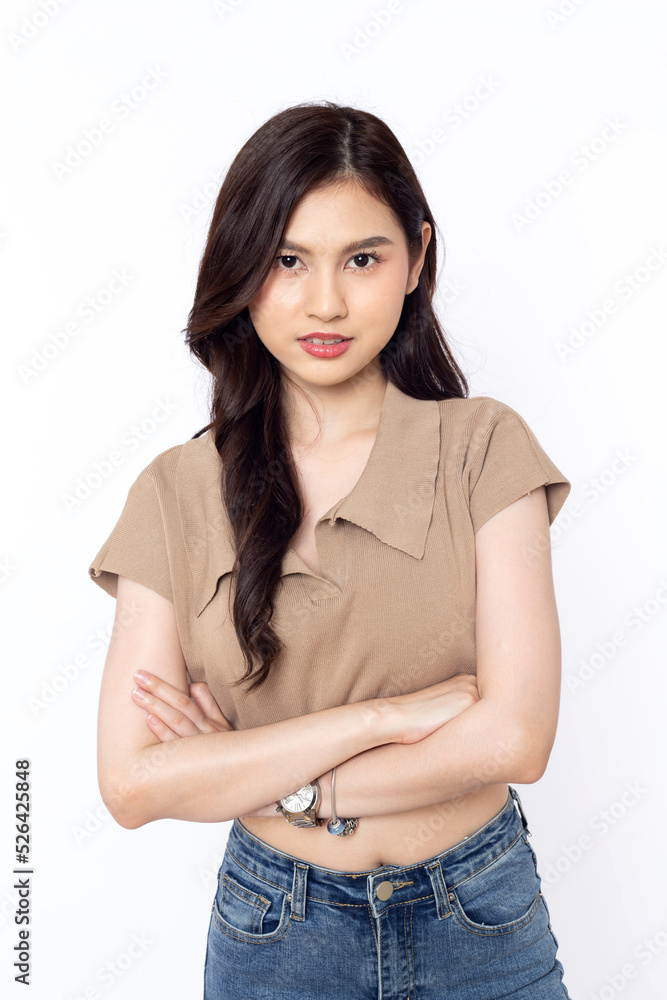 portrait Asian woman wearing brown shirt and jeans on white background portrait Asian woman wearing brown shirt and jeans on white background