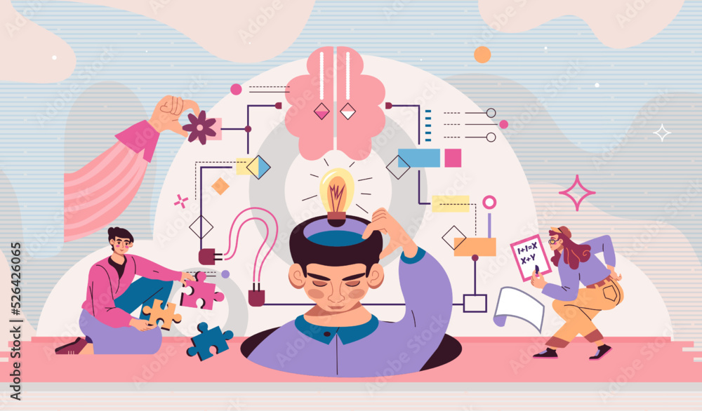 Complex decision challenge. Business skills. Correct management process. Puzzle quest. People search solutions. Persons find idea. Analytical brain. Rational mind. Vector illustration