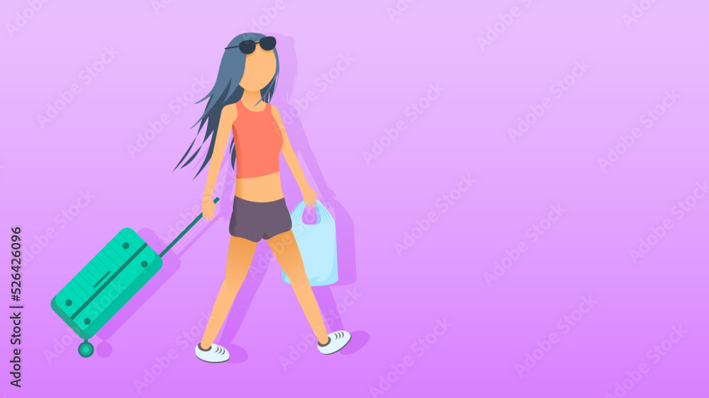 Abstract Flat Girl Woman Returns From Vacation With Suitcases Relax Cartoon People Character Concept Illustration Vector Design Style