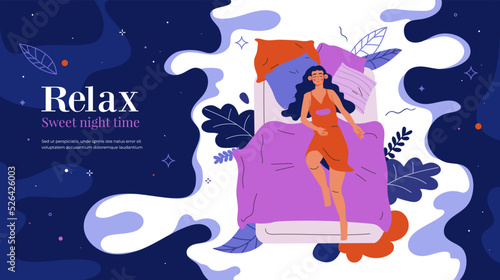 Woman sleep on mattress. Young girl in relax position, sweet night time, comfort and healthy advert layout. Landing page template. Cartoon flat concept. Vector isolated illustration