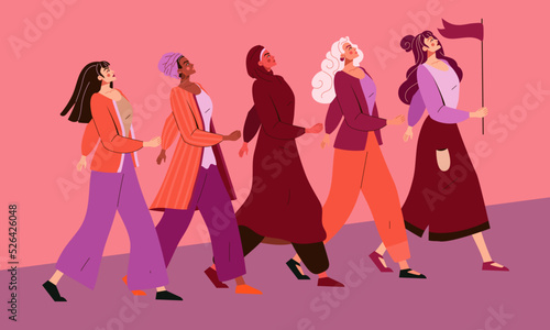 Strong woman power. Multiethnic girl and women walk in protest with flag, flight group on march, young attitude, hand drawn art, feminism concept. Vector illustration background