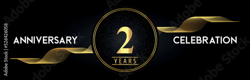 2 Years Anniversary Celebration with Golden Waves and Circle Frames on Luxury Background. Premium Design for banner, poster, graduation, weddings, happy birthday, greetings card and, jubilee.