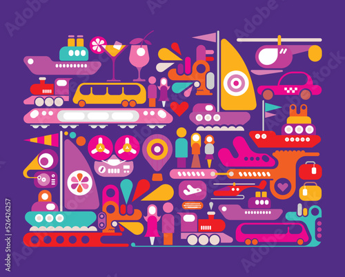 Bright colors isolated on a violet background Happy Travel vector illustration.